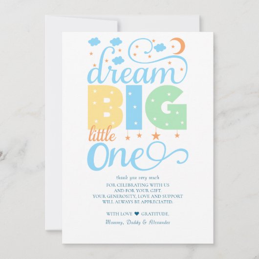 Dream Big Little One Blue Baby Boy Eerste Verjaard Bedankkaart (Voorkant)