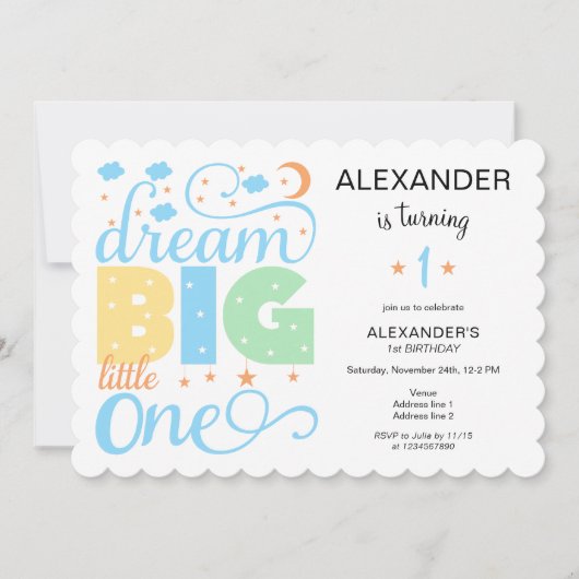 Dream Big Little One Blue Baby Boy Eerste Verjaard Kaart (Voorkant)