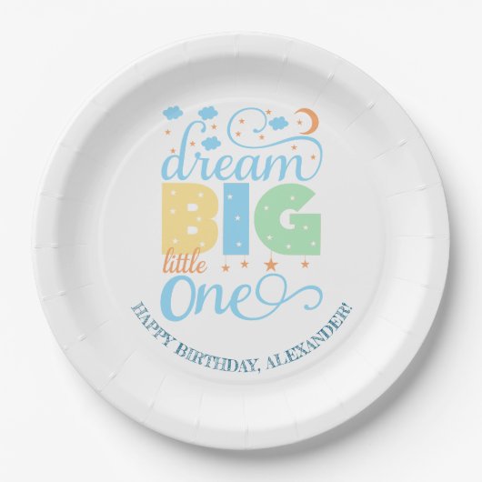 Dream Big Little One Blue Baby Boy Eerste Verjaard Papieren Bordje (Voorkant)