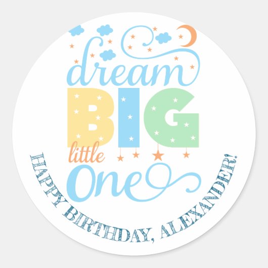 Dream Big Little One Blue Baby Boy Eerste Verjaard Ronde Sticker (Voorkant)