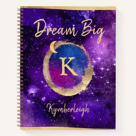 Dream Big Paars Galaxy Glam Gold Monogram Naam Notitieboek (Voorkant)