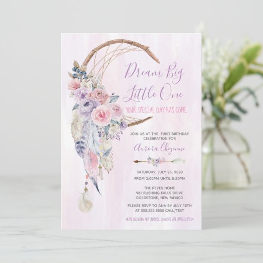 Dream Big Pink en Paarse Boho First Birthday Party Kaart (Staand voorkant)