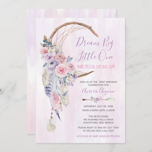 Dream Big Pink en Paarse Boho First Birthday Party Kaart (Voorkant / Achterkant)