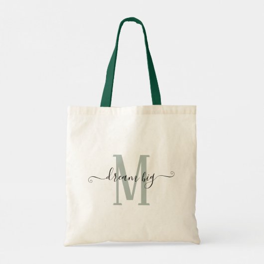 Dream Big Positivity Sage Green Monogram Initiaal Tote Bag (Achterkant)