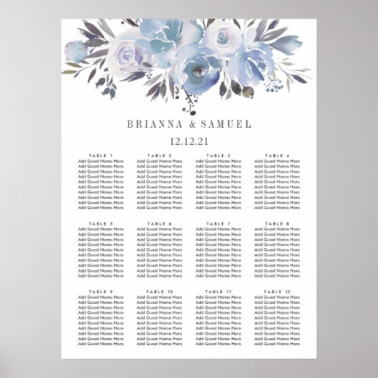 Dream Blue Floral Wedding Seating Chart Poster (Voorkant)