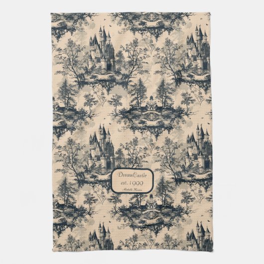 Dream Castle Midnight en Ivory Toile de Jouy Theedoek (Verticaal)