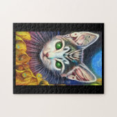 Dream cat groene ogen fantasie gouden veren veren legpuzzel (Horizontaal)