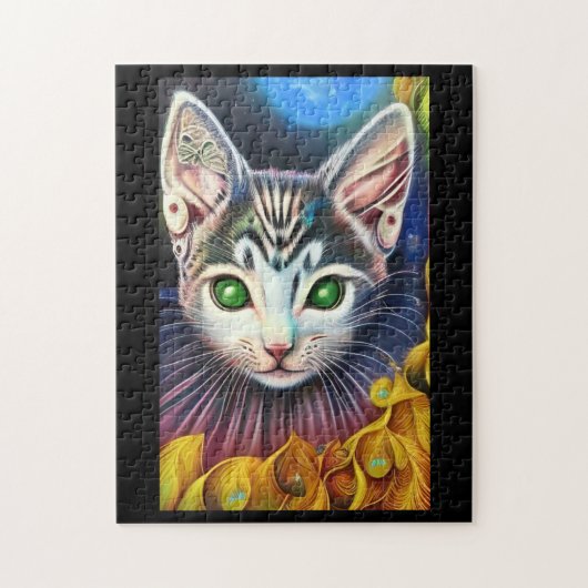 Dream cat groene ogen fantasie gouden veren veren legpuzzel (Verticaal)