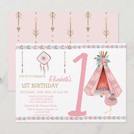 Dream Catcher, Arrows, FlamingoBirthday Uitnodigin Kaart (Voorkant / Achterkant)