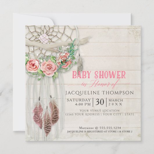 Dream Catcher Baby shower Meisje BOHO Wood Feather Kaart (Voorkant)