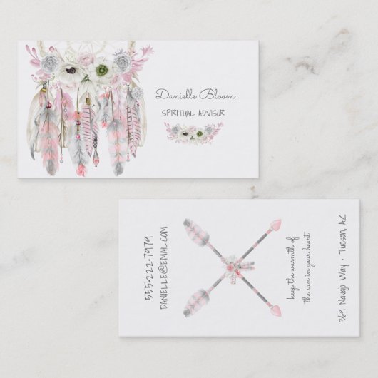 Dream Catcher Boho Arrows Feathers Pink Grey Visitekaartje (Voorkant / Achterkant)