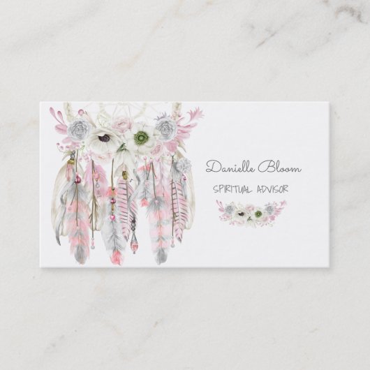Dream Catcher Boho Arrows Feathers Pink Grey Visitekaartje (Voorkant)