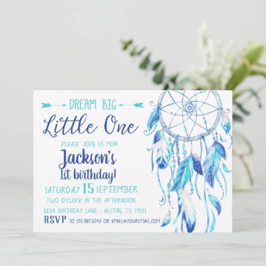 Dream Catcher Boy Eerste Verjaardag Uitnodiging (Staand voorkant)