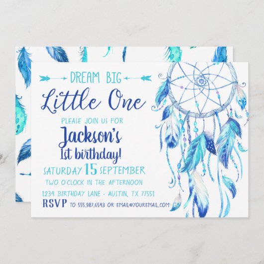 Dream Catcher Boy Eerste Verjaardag Uitnodiging (Voorkant / Achterkant)