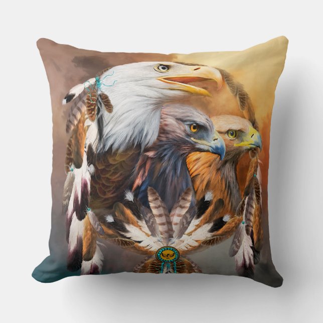 Dream Catcher - Drie Eagles Art Designer Pillow Kussen (Voorkant)