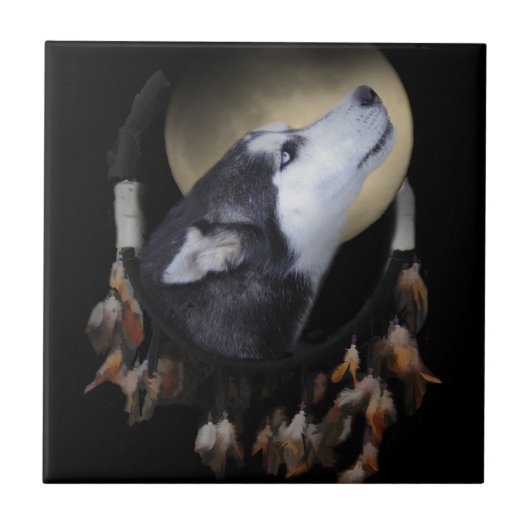 Dream catcher en blue eyed Husky Tegeltje (Voorkant)