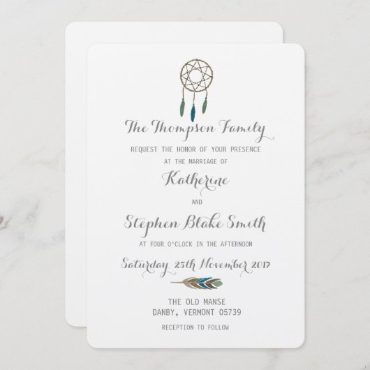 Dream Catcher Handschilderde Waterverf White Weddi Kaart (Voorkant / Achterkant)