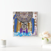 Dream catcher met magische vogelblauwe veren vierkante klok (Huis)