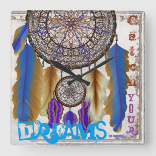 Dream catcher met magische vogelblauwe veren vierkante klok
