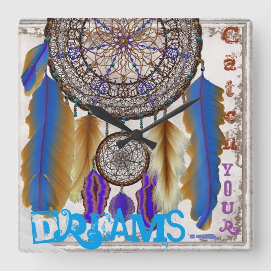Dream catcher met magische vogelblauwe veren vierkante klok (Voorkant)