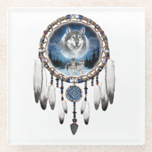 Dream Catcher met wolf achtergrond Glazen Onderzetter