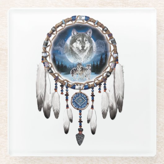 Dream Catcher met wolf achtergrond Glazen Onderzetter (Voorkant)