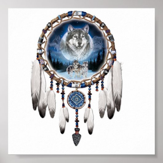 Dream Catcher met wolf achtergrond Poster (Voorkant)
