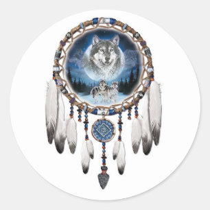 Dream Catcher met wolf achtergrond Ronde Sticker