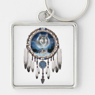 Dream catcher met wolf achtergrond sleutelhanger