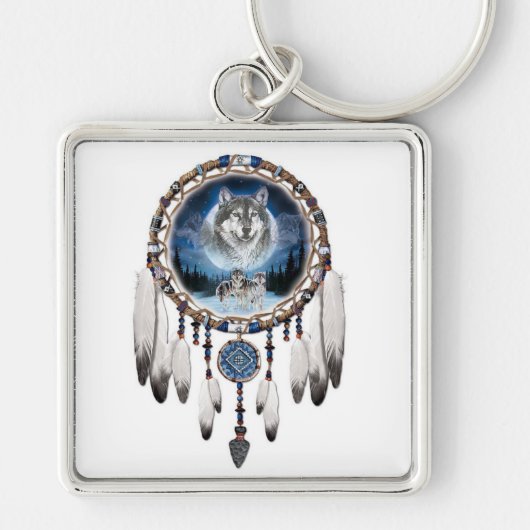Dream catcher met wolf achtergrond sleutelhanger (Voorkant)