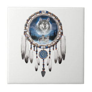 Dream Catcher met wolf achtergrond Tegeltje
