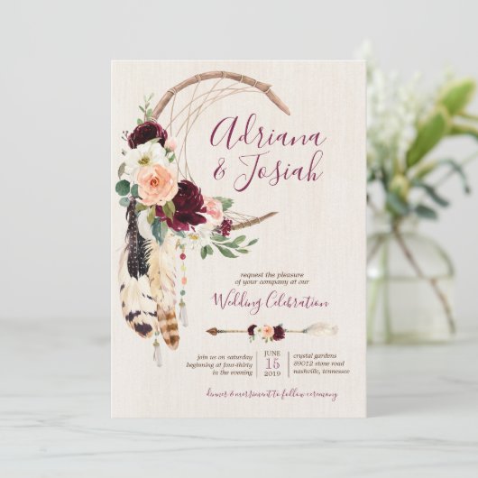 Dream Catcher Moon Peach & Burgundy Boho Wedding Kaart (Staand voorkant)
