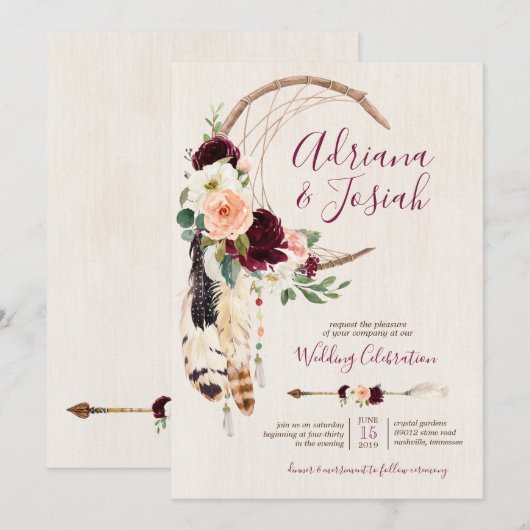 Dream Catcher Moon Peach & Burgundy Boho Wedding Kaart (Voorkant / Achterkant)
