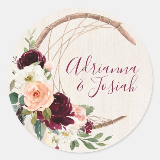 Dream Catcher Moon Peach & Burgundy Boho Wedding Ronde Sticker (Voorkant)