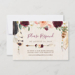Dream Catcher Moon Peach & Burgundy Boho Wedding RSVP Kaartje