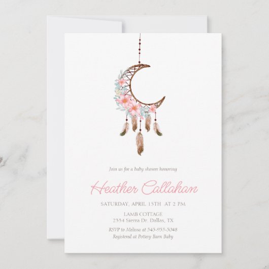 Dream catcher Pink Boho Baby shower Invitation Kaart (Voorkant)