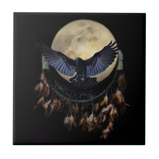 Dream Catcher Raven en Wolf Moon Tegeltje (Voorkant)