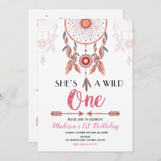 Dream Catcher Wild One 1e verjaardag Uitnodiging (Voorkant / Achterkant)