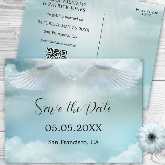 Dream Cloud Angel Wings QR Code Save the Date Aankondigingskaart