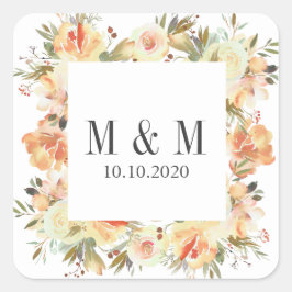 Dream Peach Botanical Lijst Bruiloft Monogram Vierkante Sticker