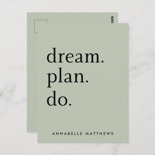 Dream Plan Do | Modern minimalistisch Sage Green Briefkaart (Voorkant / Achterkant)