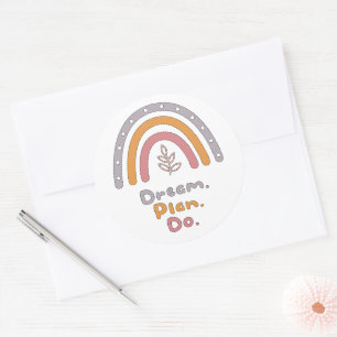 Dream, plan, doe motivatie kleurrijke boho regenbo ronde sticker
