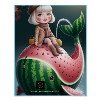Dream Ride – Cute Girl on Watermelon Whale Fantasy Perfect Poster