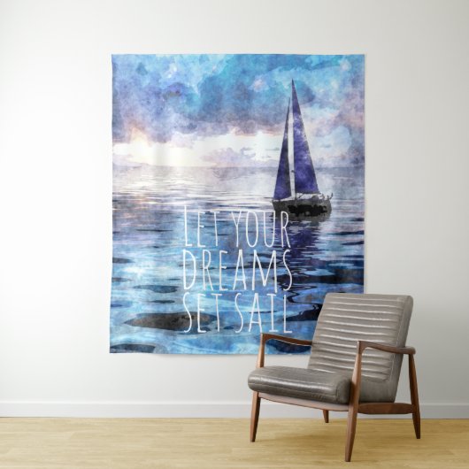 Dream Sail Inspirerend Quote Ocean Blue Sunset Wandkleed (In situ)