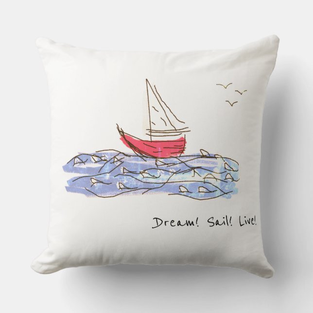 Dream Sail Live Zee Boat Seagull Sketch Kussen (Voorkant)
