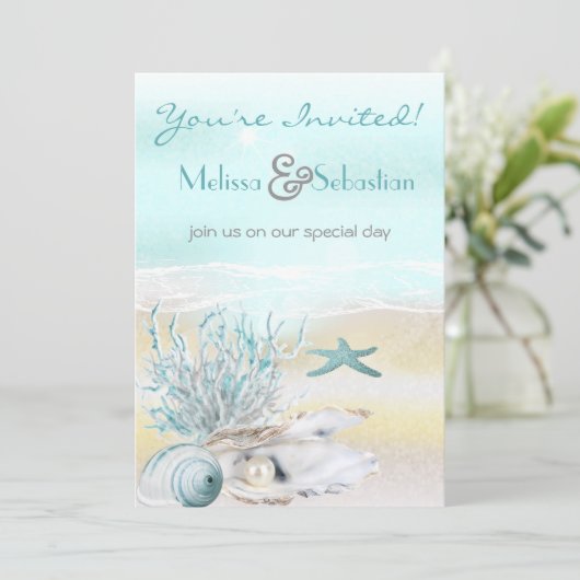 Dream Shore Beach Blauwgroen Wedding Invite Kaart (Staand voorkant)