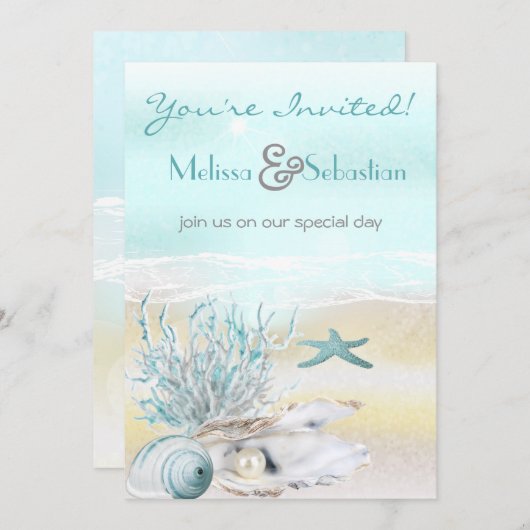 Dream Shore Beach Blauwgroen Wedding Invite Kaart (Voorkant / Achterkant)
