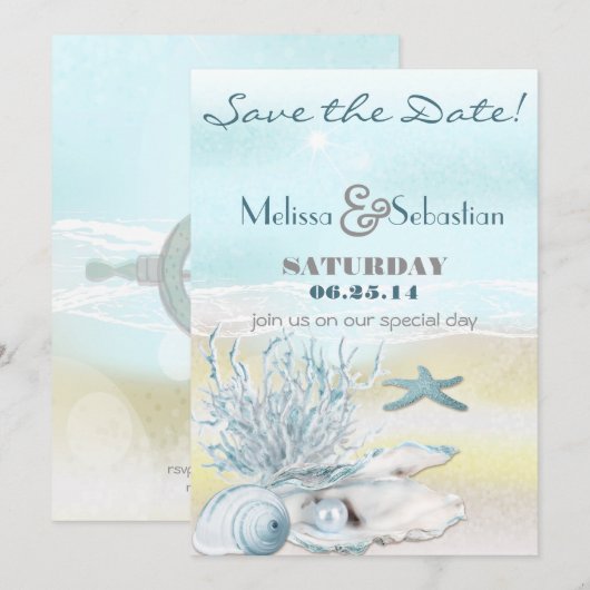 Dream Shore Beach Blue Weddenschap Save the Date (Voorkant / Achterkant)