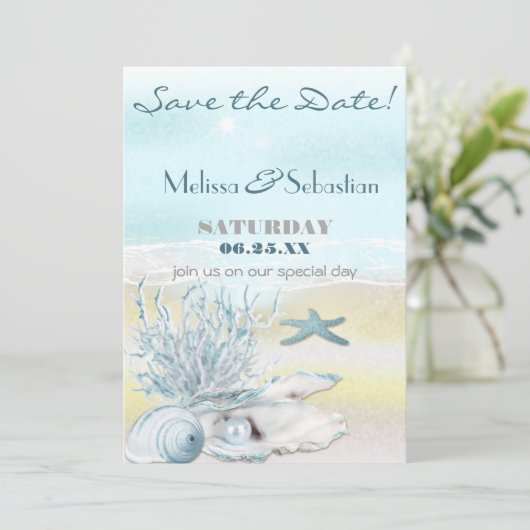 Dream Shore Beach Blue Weddenschap Save the Date (Staand voorkant)