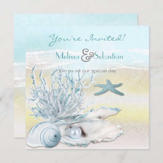 Dream Shore Beach Blue Wedding Invite Kaart (Voorkant / Achterkant)